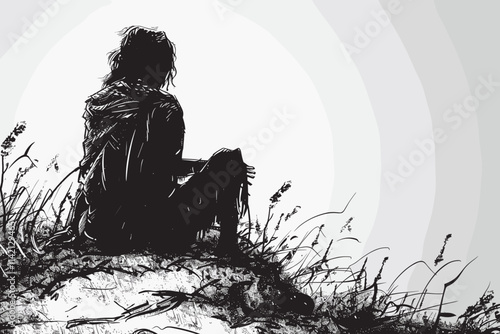 Woman is sitting on a rock. She is wearing a hooded jacket. The rock is on a hill. flat vector illustration