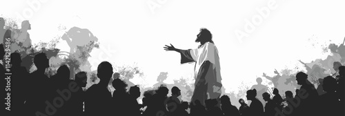 Man is standing in front of a crowd of people. He is wearing a white robe and is pointing to the sky. flat vector illustration