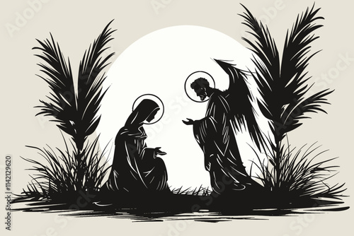 Woman and angel are sitting in a field. The angel is holding a book. The woman is holding a book as well. flat vector illustration