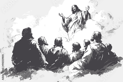 Man in a white robe is flying in the sky. There are several people sitting on the ground. flat vector illustration