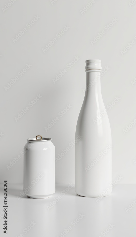 White bottle and can on minimalistic background for branding and design concepts
White bottle and can on minimalistic background for branding and design concepts