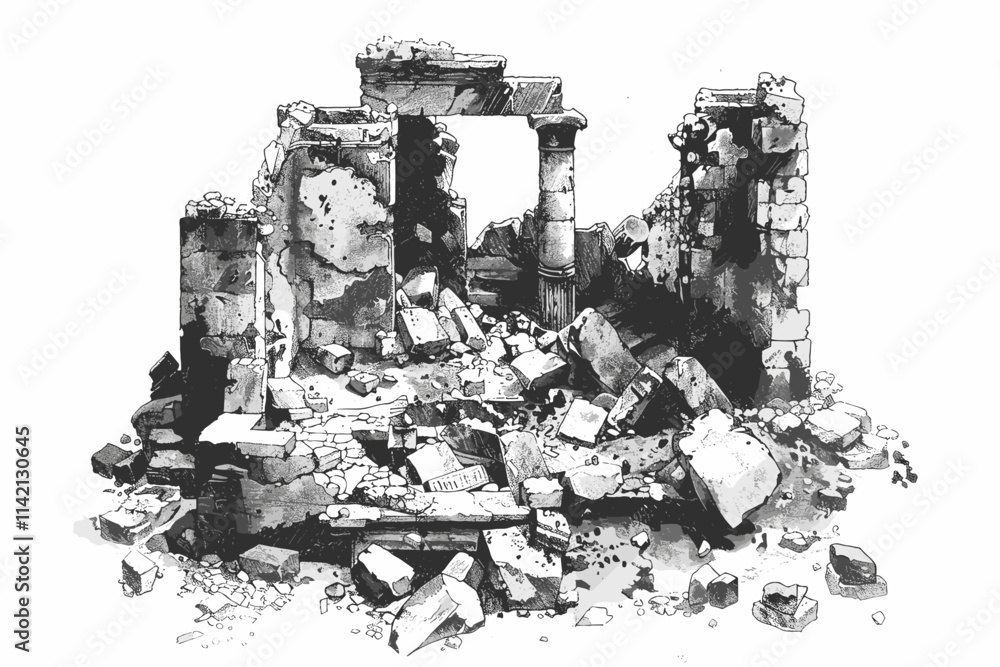 Fototapeta premium Building with a broken entrance. The entrance is missing. The building is in ruins. There are many rocks scattered around the building. flat vector illustration
