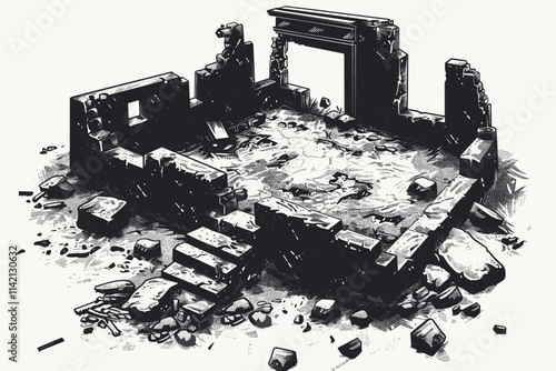 Black and white drawing of a ruined building with a staircase. The building is in ruins and has a lot of debris. flat vector illustration