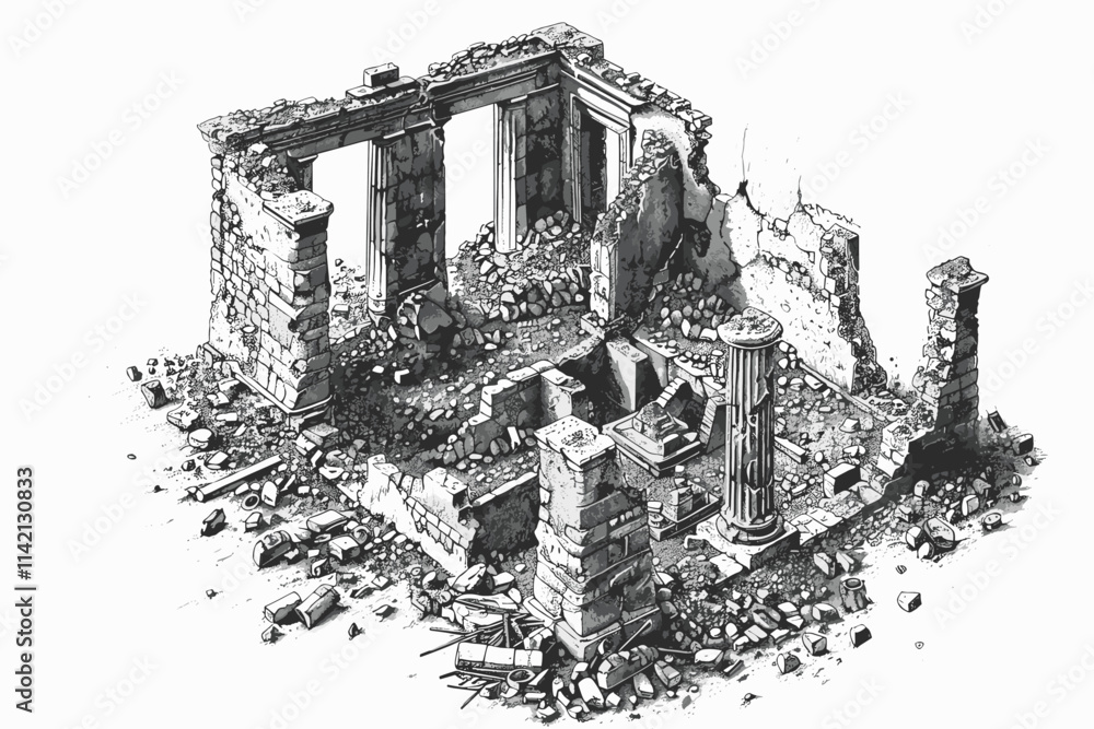 Fototapeta premium Building with a broken window and a pile of rubble. The building is in ruins. flat vector illustration