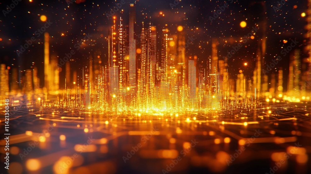 Fototapeta premium Futuristic glowing digital cityscape skyline. Virtual cityscape, innovation and technology. Cyber skyline, abstract and vibrant. Bright metropolis, high glow. Ideal for sci concepts advanced