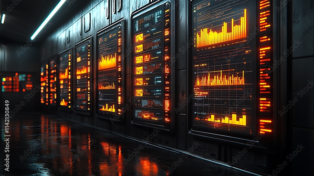 Futuristic Data Center Displays Showing Graphs and Charts Futuristic Data Center Displays Showing Graphs and Charts