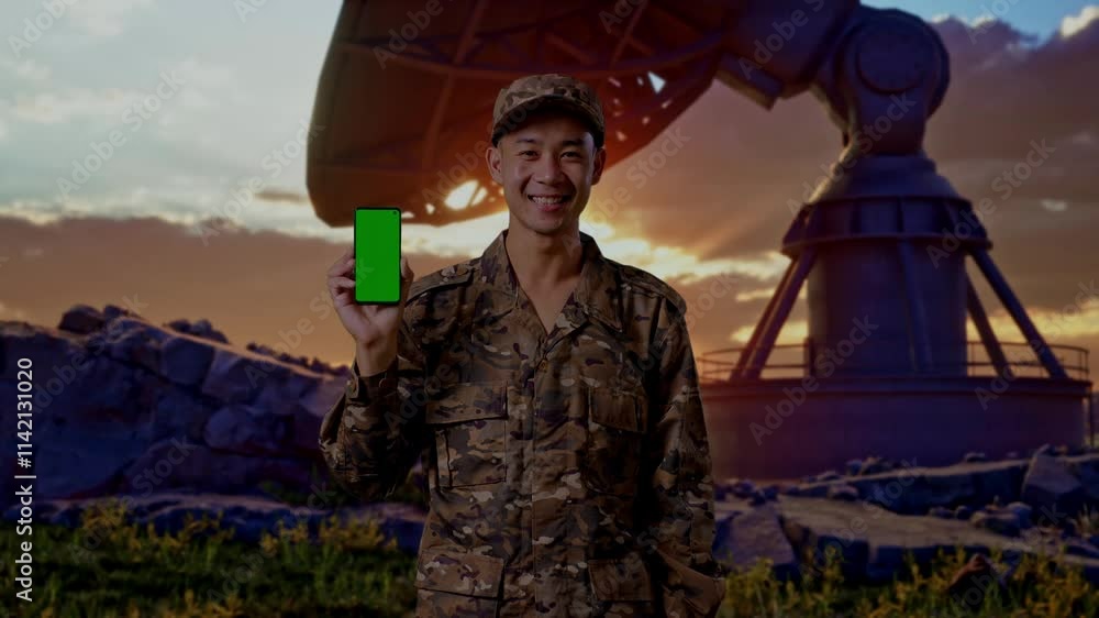 Asian Man Soldier Smiling And Showing Green Screen Smartphone To The Camera While Standing With Satellite Dish Asian Man Soldier Smiling And Showing Green Screen Smartphone To The Camera While Standing With Satellite Dish