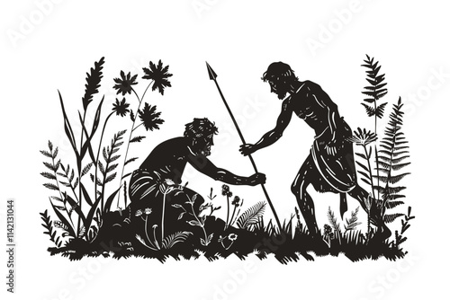 Two men are in a field with one of them holding a spear. The other man is kneeling down. flat vector illustration