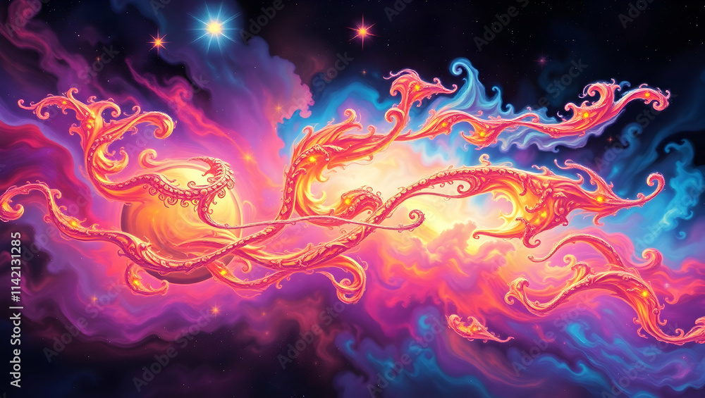 Cosmic nebula with swirling, fiery, ornate designs and celestial bodies. Cosmic nebula with swirling, fiery, ornate designs and celestial bodies.