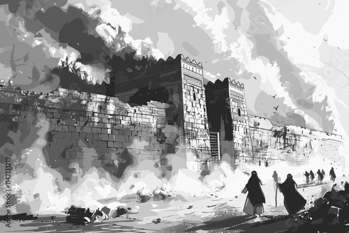 Group of people are walking down a street in front of a castle. The castle is surrounded by a wall and smoke is coming out of it. flat vector illustration