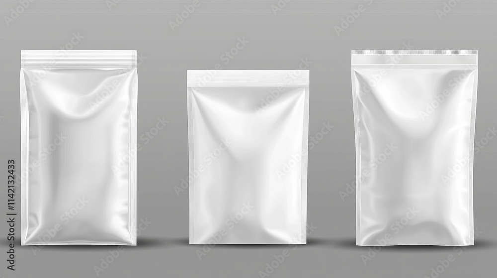 White pouch bag mockup set on transparent background. Realistic 3d vector various shapes and sizes of blank sachet plastic package templates for food or cosmetic products branding and identity design. White pouch bag mockup set on transparent background. Realistic 3d vector various shapes and sizes of blank sachet plastic package templates for food or cosmetic products branding and identity design.