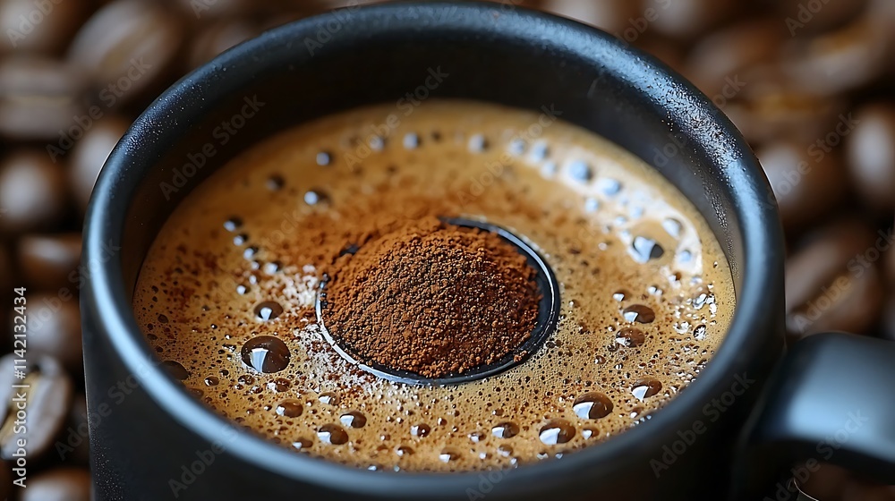 Dark Cup of Coffee with Ground Coffee Topping Dark Cup of Coffee with Ground Coffee Topping