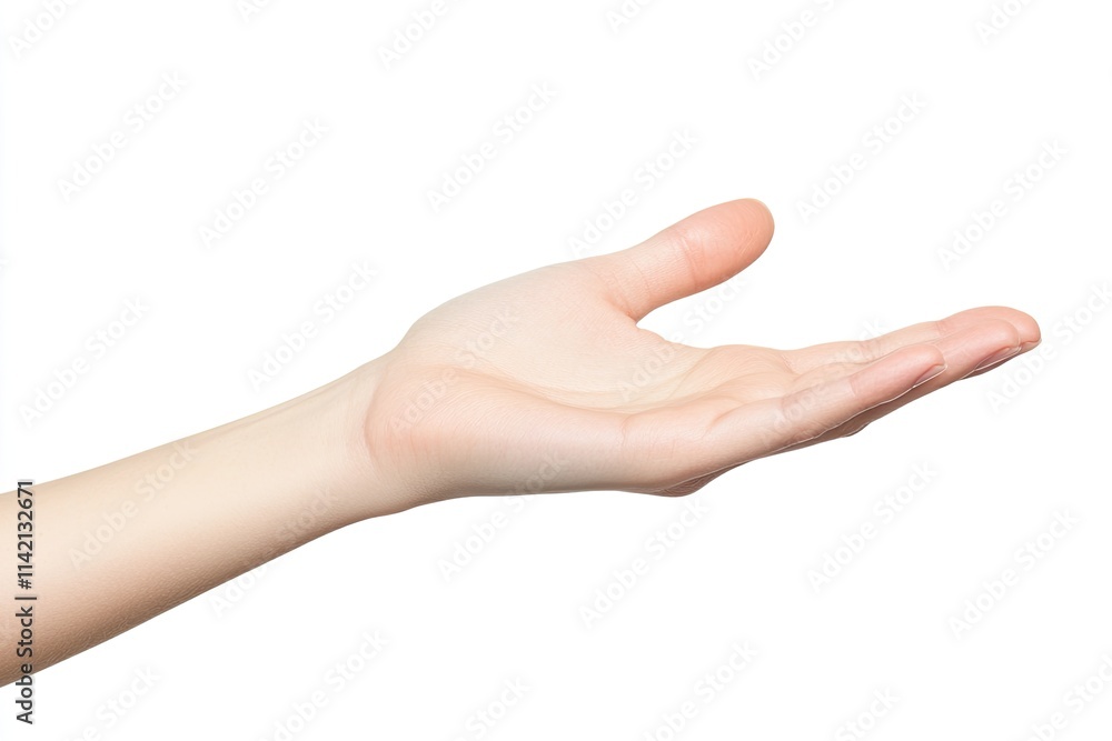 A womans hand reaches out toward something on a white background A womans hand reaches out toward something on a white background
