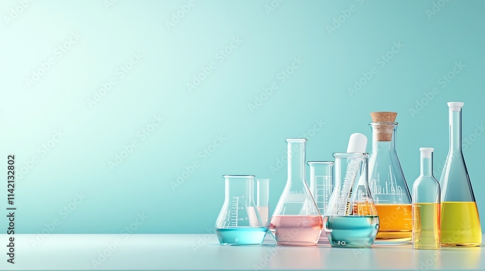 A clean and modern image showcasing a symmetrical arrangement of laboratory glassware filled with colorful liquids displayed on a pristine white table A clean and modern image showcasing a symmetrical arrangement of laboratory glassware filled with colorful liquids displayed on a pristine white table