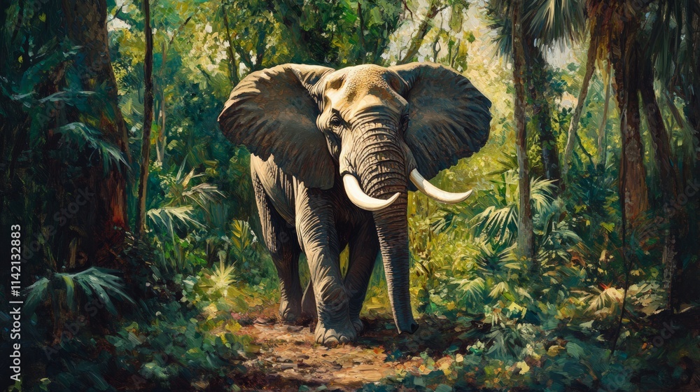 Fototapeta premium Majestic elephant walking through dense jungle nature scene wild environment vibrant viewpoint wildlife concept
