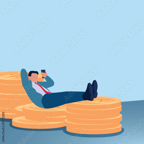 A man sleeping on coins holding a mobile phone. Illustration for earning money online, work from home, freelance.