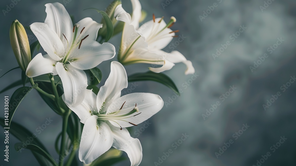 Fototapeta premium Funerals and mourning. Gray background with elegant white lilies with space for text