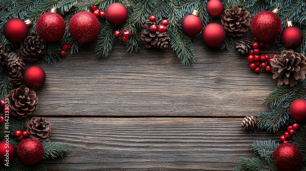 christmas background with fir branches red balls and gift boxes on rustic wooden table top view with copy space christmas background with fir branches red balls and gift boxes on rustic wooden table top view with copy space