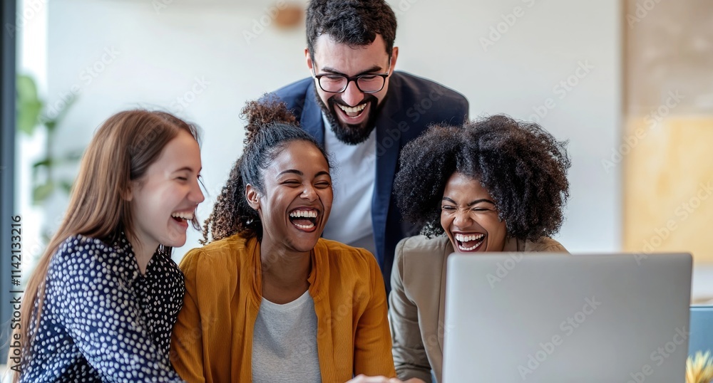 People sit around a table looking at a laptop computer People sit around a table looking at a laptop computer