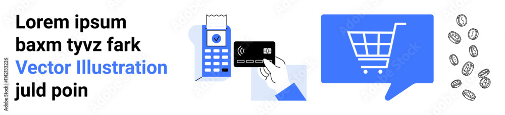 Shopping cart in a blue speech bubble, hand holding a card near a reader, scattered coins. Ideal for online shopping, e-commerce, digital payment, contactless transactions, retail, financial Shopping cart in a blue speech bubble, hand holding a card near a reader, scattered coins. Ideal for online shopping, e-commerce, digital payment, contactless transactions, retail, financial