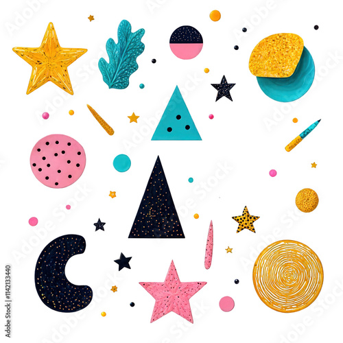 Obraz na płótnie Abstract cosmic-themed shapes including stars, planets, and triangles in vibrant colors
w salonie