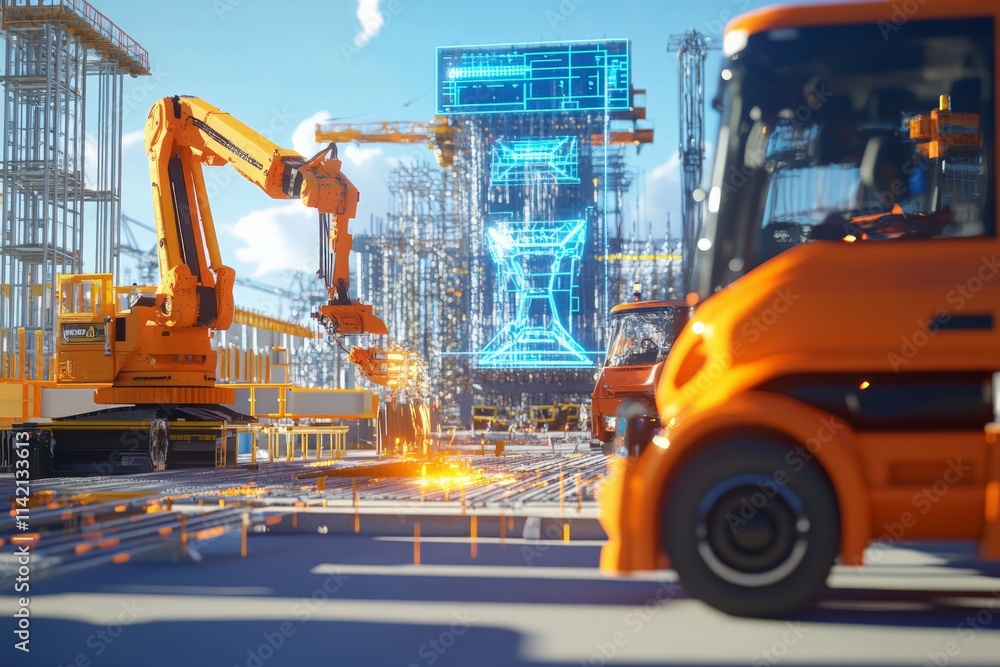 Construction robots performing precision tasks at urban site industrial setting digital environment close-up view innovation Construction robots performing precision tasks at urban site industrial setting digital environment close-up view innovation