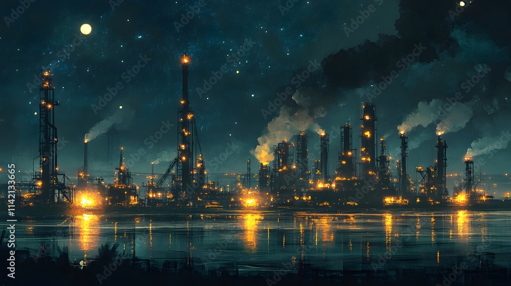 Refinery Lights Shining Brightly Against the Dark Night Sky Refinery Lights Shining Brightly Against the Dark Night Sky