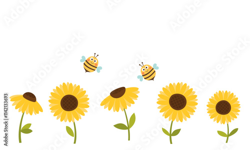 Set of sunflower icon signs and bee cartoons isolated on white background vector.