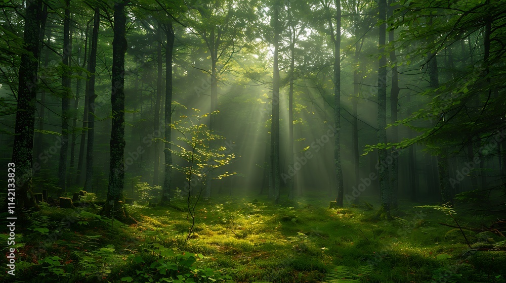 Fototapeta premium Misty forest with towering trees