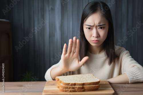 Asian woman refusing to eat carbohydrate rich food, making stop gesture with her hand, promoting healthy eating habits photo