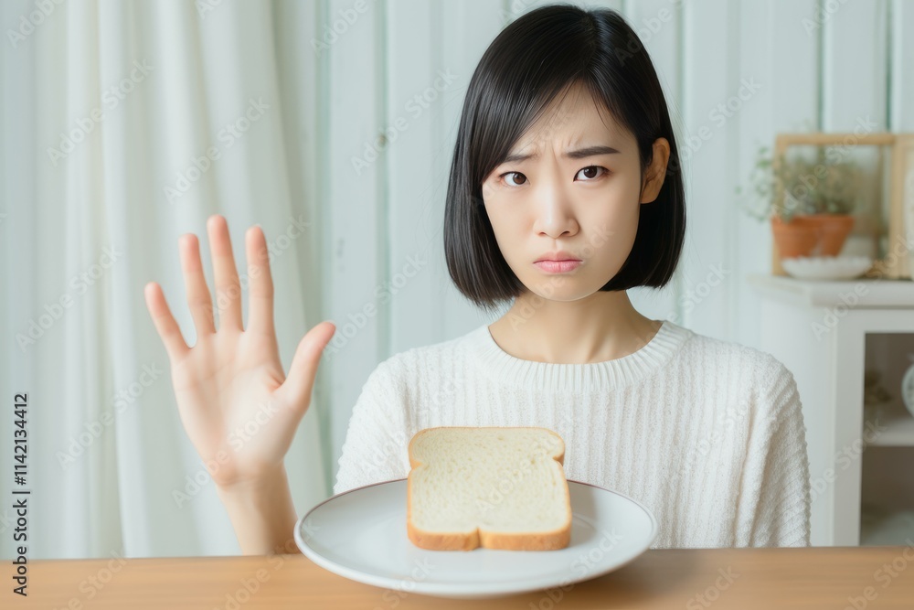 Young woman showing refusal gesture with hand to slice of bread on plate, expressing dietary restrictions or health consciousness Young woman showing refusal gesture with hand to slice of bread on plate, expressing dietary restrictions or health consciousness