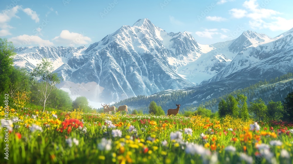 A tranquil alpine meadow dotted with colorful wildflowers, with snow-capped mountains in the background under a glowing golden sunrise sky. A tranquil alpine meadow dotted with colorful wildflowers, with snow-capped mountains in the background under a glowing golden sunrise sky.