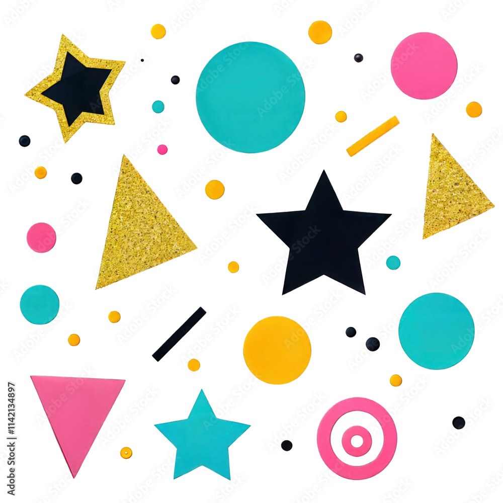 Playful geometric design featuring stars, triangles, and circles in vibrant colors with glitter accents