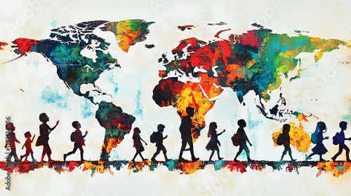 Colorful illustration of children walking globally.