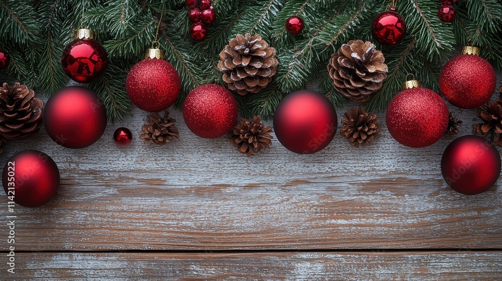 christmas composition gifts pine cones and red balls on white wooden background flat lay top view copy space christmas composition gifts pine cones and red balls on white wooden background flat lay top view copy space