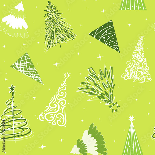 Stylized large Christmas trees on a light green background with stars