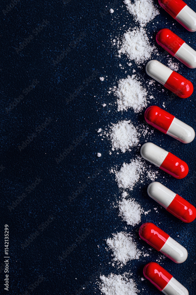 Elegant Arrangement of Red and White Capsules on Dark Surface with Powdered Substance Highlighting Pharmaceutical Concepts Elegant Arrangement of Red and White Capsules on Dark Surface with Powdered Substance Highlighting Pharmaceutical Concepts