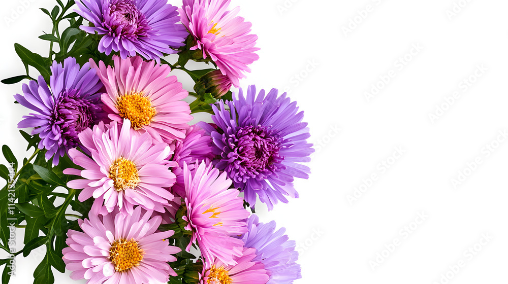 Fototapeta premium Pink and purple aster flowers in a autumn corner arrangement isolated on white or transparent background