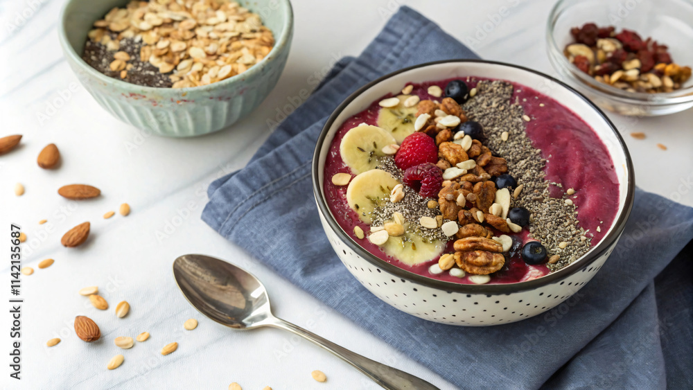 Delicious smoothie bowl topped with fruits, nuts, and seeds, perfect for breakfast Delicious smoothie bowl topped with fruits, nuts, and seeds, perfect for breakfast