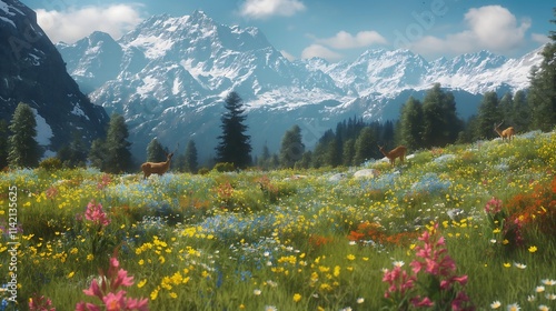 A scenic alpine meadow surrounded by dense green forests and majestic mountains, covered in blooming wildflowers under a soft, cloudy sky. photo