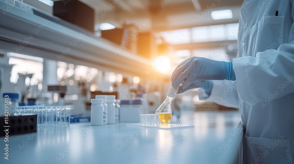 Scientist in lab coat pouring chemical into test tube in modern lab Scientist in lab coat pouring chemical into test tube in modern lab