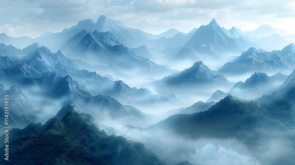 Misty mountains with layered ridges Misty mountains with layered ridges