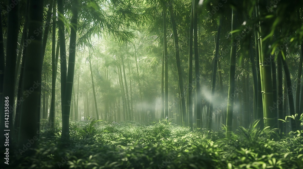 Obraz premium A serene bamboo forest bathed in soft sunlight, with tall green bamboo stalks creating a tranquil and refreshing natural space.