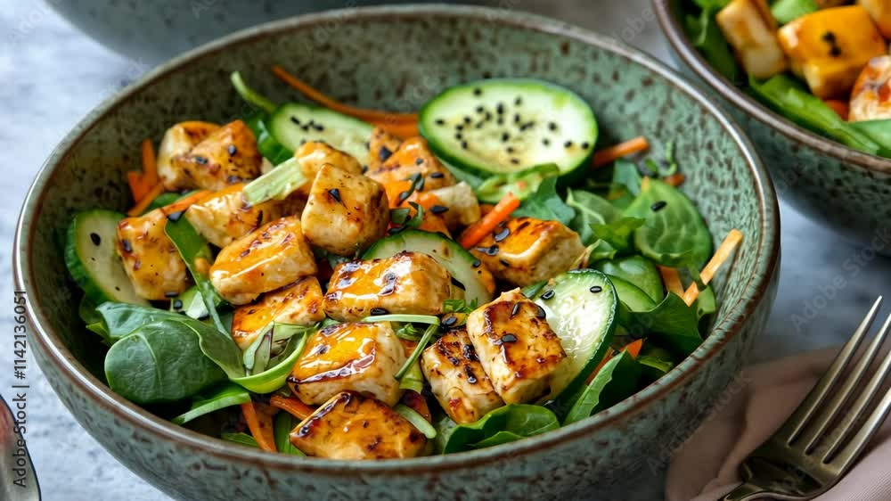 Fresh spinach salad with grilled tofu and cucumbers served in an elegant bowl Fresh spinach salad with grilled tofu and cucumbers served in an elegant bowl