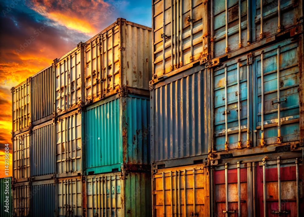 Fototapeta premium Dusk Cargo Containers - Close-Up Steel Textures & Shadows