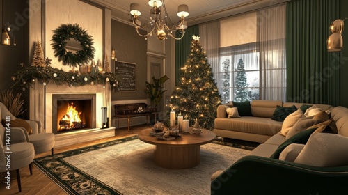 A cozy living room decorated for Christmas, with a large tree in the corner and warm lighting from a fireplace photo