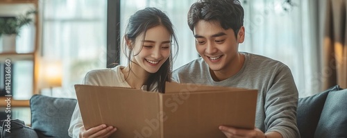 Asian couple checking the list of stuff before packing to cardboard for relocation move out of apartment, Generative AI photo