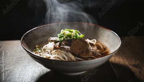 steaming bowl of thai boat noodles topped with beef slices, fresh bean sprouts, and green onions, served in a rustic ceramic bowl  
 photo