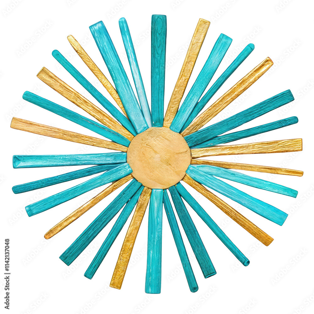 Blue and gold decorative sunburst design with wooden texture and circular center isolated on black
