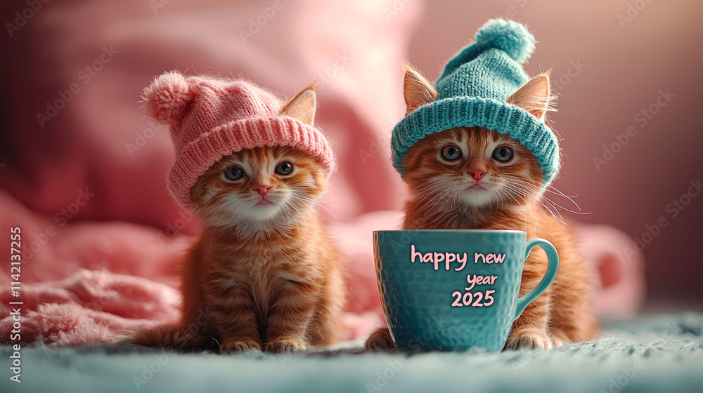 Obraz premium Cute kittens in winter hats with 2025 mug.
